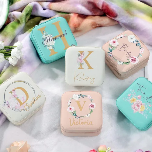 Miniatura 3 de Joyero de regalo para dama de honor, pequeño estuche de viaje personalizado de piel sintética portátil, cajas de propuestas de dama de honor, mini