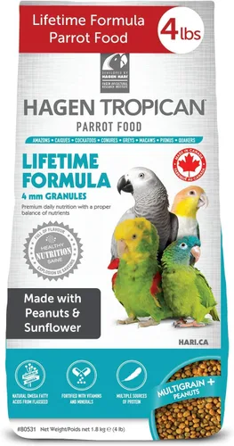 Hagen Tropican Lifetime Formula Loro Food, 4 libras, alimento para loros Hari con maní y semillas de girasol y niveles nutricionales de equilibrio