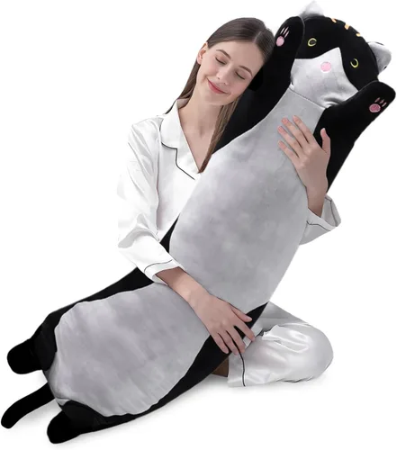 Miniatura 20 de shangman Bonita muñeca de gato de peluche, bonita almohada de peluche suave de caricaturas, almohada larga para dormir, regalo del día de San Negro