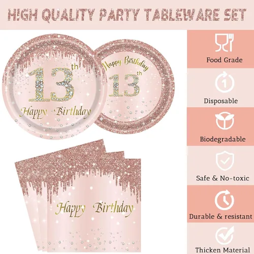 Miniatura 3 de 24 juegos de decoración de fiesta de cumpleaños número 13 de oro rosa para niñas, platos y servilletas para el cumpleaños número 13, tenedores