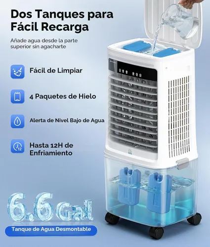 Miniatura 4 de Enfriador de aire evaporativo portátil 3 en 1, enfriador de pantano de 2000 CFM con tanque doble de 6.6 galones y 4 paquetes de hielo, control