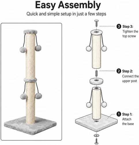 Miniatura 4 de Dimaka - Rascador de gatos de 29 pulgadas con cuerda de sisal natural, rascador para garras de gatitos con 4 bolas de juguete colgantes para gatos