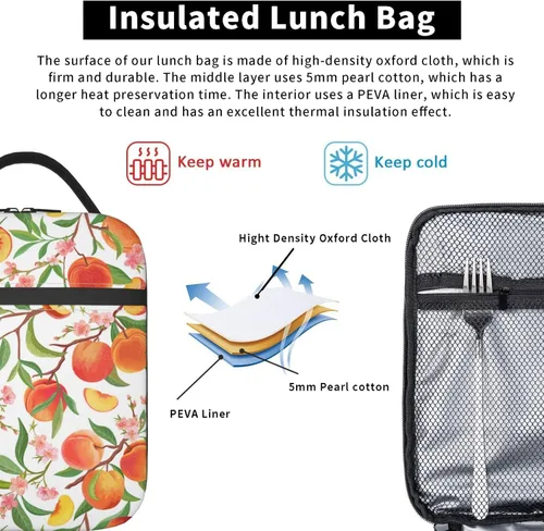 Miniatura 5 de Lonchera de durazno para adultos, niños, mujeres, hombres, bolsa de almuerzo de frutas, bolsa enfriadora, reutilizable, aislada, bolsa de almuerzo
