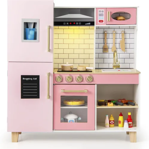 Miniatura 14 de Costzon Juego de cocina para niños, cocina de juguete de madera con luz y sonido, microondas, máquina de hielo, horno, fregadero y grifo, accesorios