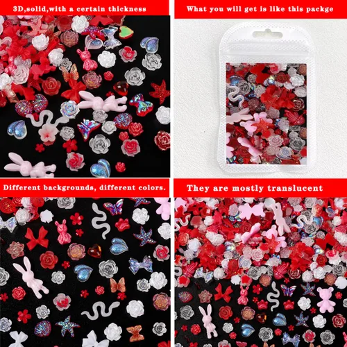 Miniatura 6 de COOSLIM 110 Piezas Dijes para Uñas 3D, Dijes de Resina Mariposa Oso para Uñas, Flor Rosa Lazo Conejo con Forma de Animal Piedras de Strass Perlas