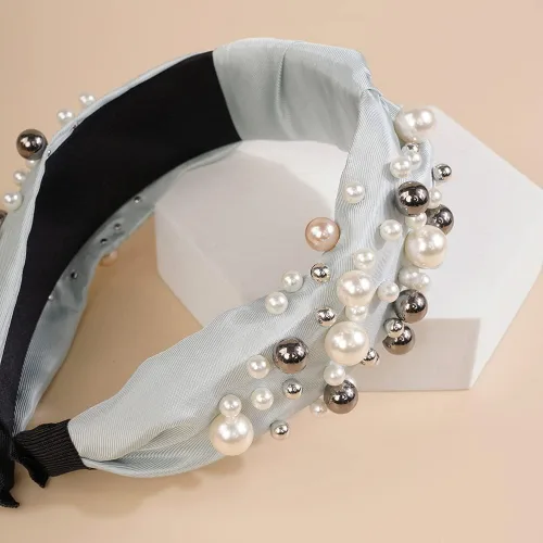 Miniatura 4 de Wiwpar Diademas anudadas de perlas para mujer, diadema ancha de perlas anchas para la cabeza, accesorios para el cabello bohemios (azul)