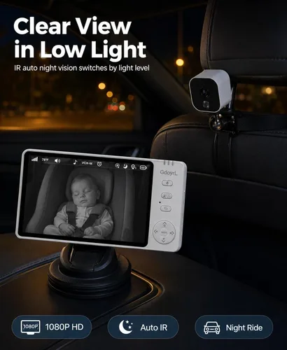 Miniatura 4 de Cámara inalámbrica para automóvil de bebé, visión nocturna automática IR HD 1080P, monitor de bebé giratorio de 360°, pantalla de 5 pulgadas zoom