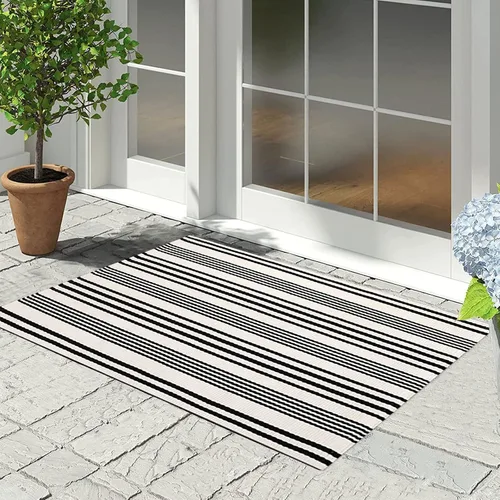 Miniatura 5 de Tapete para exteriores de rayas color negro y blanco, tapete tejido a mano lavable a máquina para interiores, porche, entrada, sala, pasillo, Rayas