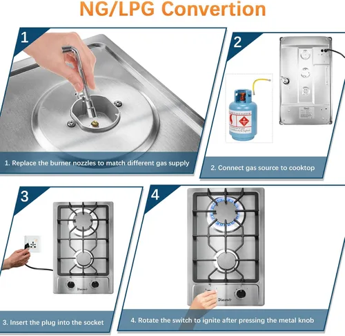 Miniatura 7 de Cocina de gas de 2 quemadores de propano - Estufa de gas de acero inoxidable de 12 pulgadas para combustible dual LPG/GN, quemador de gas portátil