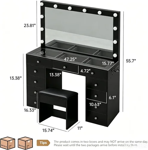 Miniatura 2 de Escritorio negro con espejo iluminado y toma de corriente, mesa de tocador de 11 cajones con silla, tocador de maquillaje con 11 bombillas