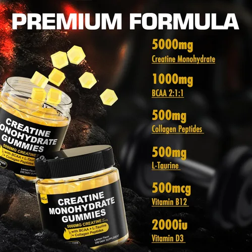 Miniatura 3 de EnvyCure Gomitas de monohidrato de creatina para hombres y mujeres, con BCAA, péptidos de colágeno, L-taurina, vitamina B12, D3, monohidrato