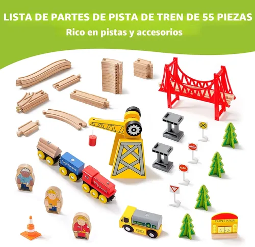 Miniatura 7 de Tiny Land 55 piezas de juego de tren de madera - Compatible con pistas de marcas principales, juguete educativo para niños de 3 a 7 años, duraderos