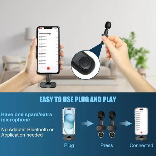Miniatura 4 de Paquete de 2 micrófonos inalámbricos para iPhone, iPad, Android, portátil, mini micrófono con clip Plug-Play, micrófono de solapa profesional