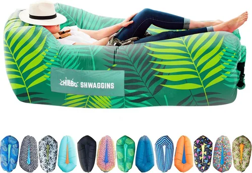 Chillbo Inflatable Couch – Unique Designs - No-Pump Setup, Ripstop Polyester, Stability Pegs, Fun Prints - Portable Air Inflatable Lounger for Hoja