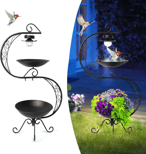 Miniatura 10 de HONGLAND Baño de metal para pájaros de 36.5 pulgadas con enrejado, baño para pájaros de jardín al aire libre con cuenco desmontable y soporte