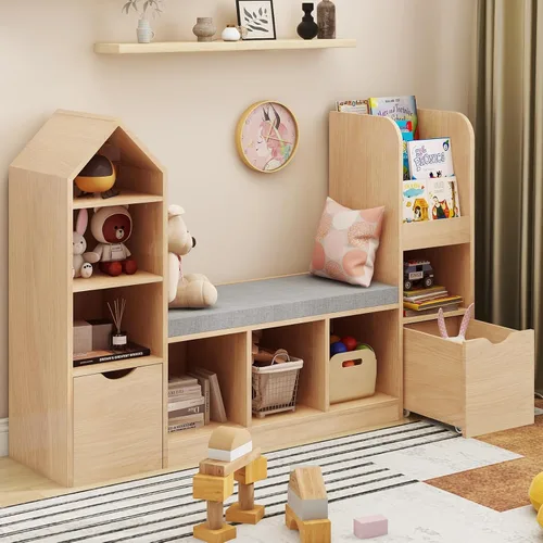 Miniatura 8 de Vabches Estantería infantil con rincón de lectura, organizador de almacenamiento de juguetes con cojín de asiento y 2 cajones móviles, organizador