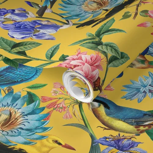 Miniatura 2 de Muestro de papel tapiz extraíble, selva tropical, amarillo, dibujado a mano, botánico, pájaros tropicales, papel pintado prepegado personalizado por