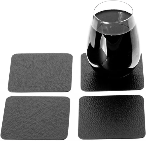 Miniatura 4 de Nikalaz Juego de 4 manteles individuales y 4 posavasos pequeños negros hechos de cuero reciclado, manteles individuales