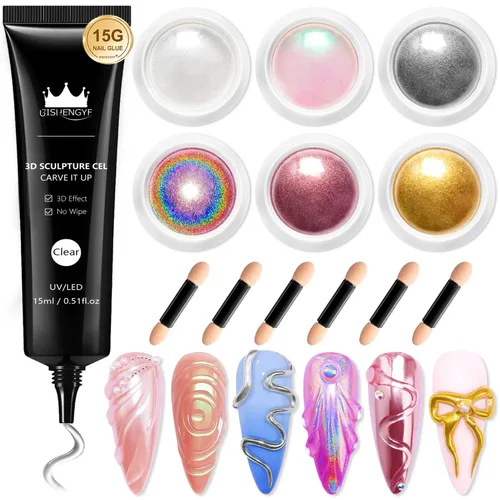 Miniatura 10 de Kit de gel de uñas 3D y polvo de uñas cromado BISHENGYF: 0.53 oz No Wipe Gel de Escultura 3D Aurora Rosa Azul Oro Cromo Polvo de uñas con pegamento