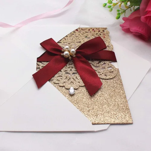 Miniatura 5 de AdasBridal 25 invitaciones de corte láser con purpurina dorada con tarjetas y sobres, diseño de diamante y cinta de lujo con inserto de papel perla