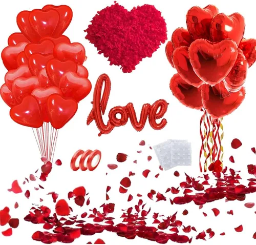 50 globos de látex de corazón rojo de 6 pulgadas, 10 globos de corazón rojo de 18 pulgadas, 1 globo de amor rojo de 42 pulgadas, kit de pétalos