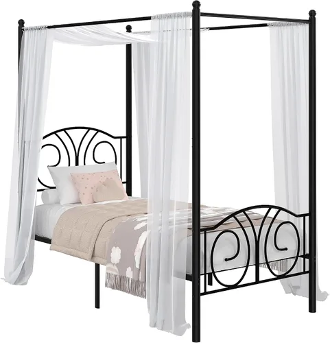 Miniatura 10 de VECELO Base de cama con dosel de metal, tamaño individual, base de colchón con plataforma de 4 pósteres con cabecero, soporte de listones de acero