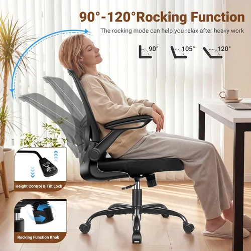 Miniatura 4 de BESTFAIR Silla de oficina ergonómica, silla de escritorio de malla para computadora con soporte lumbar, silla giratoria con brazos abatibles y Negro