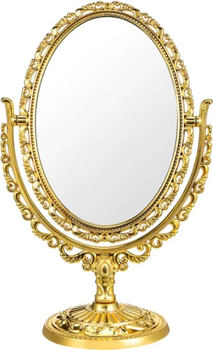 NOLITOY Espejo de tocador de escritorio vintage, espejo de maquillaje ajustable dorado de dos caras ovalado giratorio cosmético para vestir baño