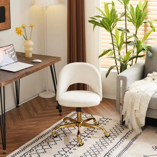 Miniatura 9 de VINGLI Silla de Oficina Pequeña de Terciopelo Moderna, Linda Silla de Escritorio con Ruedas, Base/Tachuelas Doradas, Cómoda Silla Giratoria sin