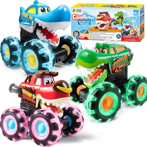 JOYIN Paquete de 3 camiones monstruos de juguete - Coches iluminados activados por movimiento para niños pequeños - Ruedas LED Monster Glow Rover -