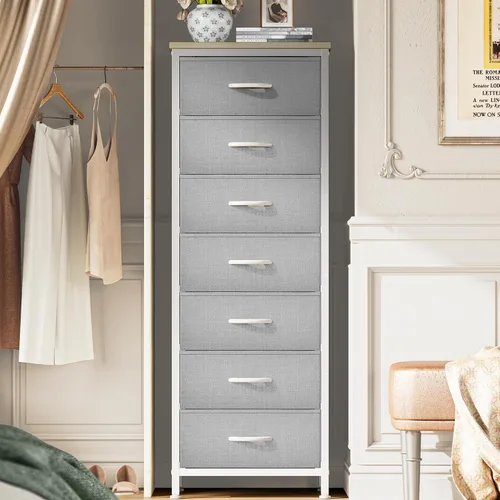 Miniatura 12 de Huuger Cómoda alta para dormitorio, cómoda estable de 7 cajones con dispositivo antipunta, cajones de piel sintética y tela, mesita de noche alta