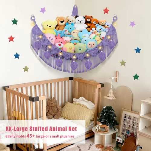 Miniatura 2 de Hamaca para Animales de Peluche de Esquina - 142 cm Jumbo Hecha a Mano de 5mm de Doble Cordón de Macramé para Almacenamiento de Animales de Peluche