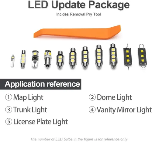Miniatura 6 de Kit de 11 bombillas LED para interiores Dodge Dart 2013, 2014, 2015, 2016, mapa, cúpula, cajuela, espejo de tocador, luces de matrícula