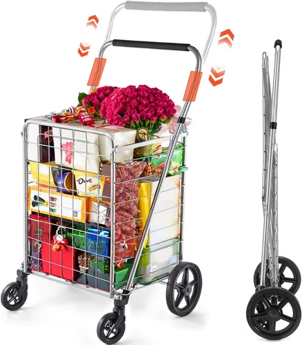 Miniatura 13 de Wellmax Carrito de comestibles plegable con ruedas, carrito utilitario de metal resistente con parte inferior de malla, cesta trasera adicional