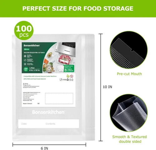 Miniatura 2 de Bonsenkitchen Bolsas selladoras de alimentos al vacío precortadas de 100 pintas, 6 x 10 pulgadas, sin BPA, bolsa selladora al vacío de alimentos