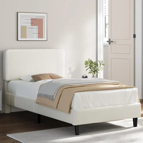 Miniatura 3 de Yaheetech Estructuras de Cama Individual con Cabecera Ajustable, Cabecera Tapizada de Tela de Chenilla/Cama de Plataforma, Estructura de Cama