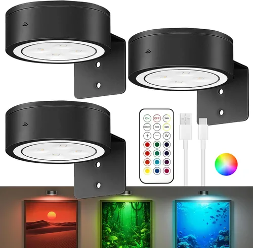 Miniatura 12 de Paquete de 3 luces para cuadros de pared, luz LED para pintura operada por batería recargable con control remoto regulable y temporizador, 3 modos