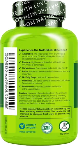 Miniatura 6 de NATURELO Suplemento de aceite de pescado omega 3 sin eructos, 1100 mg de triglicérido omega-3, EPA + DHA, aceite de pescado líquido para corazón