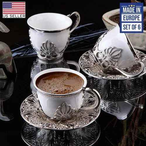 Miniatura 6 de Juego de 6 tazas de café Lujosas tazas de porcelana hechas a mano de 18 piezas con platillos de metal y portavasos extraíbles Juego de tazas
