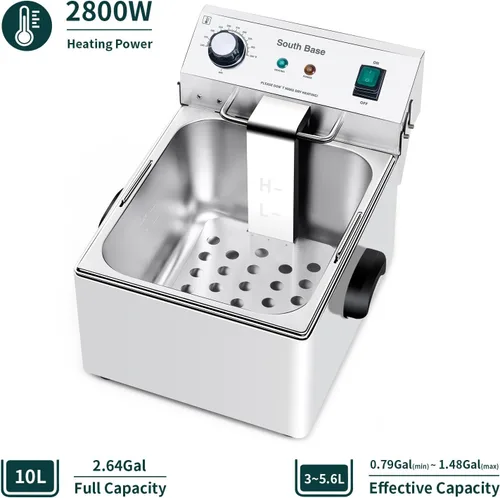 Miniatura 2 de South Base Freidora eléctrica comercial con canasta, temperatura ajustable para pollo frito, papas fritas, alas, 110 V, 1750 W (2.65 galones)