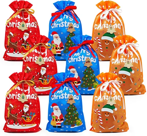 M-sorflly Bolsas de Regalo de Navidad, 9 piezas Bolsas de Regalo de Navidad de Tela de Tamaño Mediano en Rojo, Naranja, Azul con 12 Etiquetas,