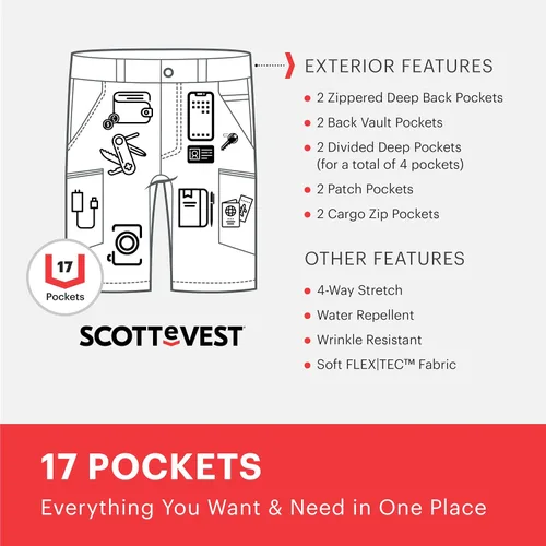 Miniatura 6 de SCOTTeVEST Action Adventure - Pantalón corto para hombre, 17 bolsillos ocultos, pantalón repelente al agua para viajes y más