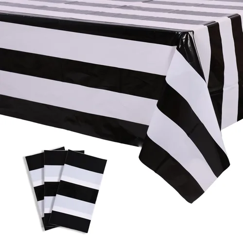 Kesfey Paquete de 3 manteles verticales a rayas en blanco y negro de 54 x 108 pulgadas, manteles desechables de plástico a rayas, impermeables, para