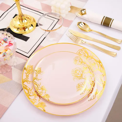 Miniatura 2 de DaYammi Juego de 210 platos de plástico rosa, juego de vajilla desechable floral dorado rosa, 30 platos llanos, 30 platos de ensalada, 30