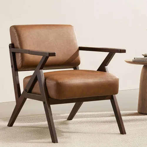 Silla moderna de mediados de siglo, silla decorativa de cuero marrón, sillón tapizado con marco de madera maciza, cómoda silla de rincón de lectura,