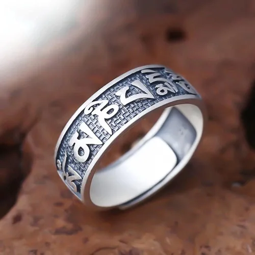 Miniatura 2 de JUNTEN Anillo de plata de ley 925 budista tibetana Om Mani Padme Hum Mantra para hombres y mujeres, anillos abiertos de 0.315in de ancho ajustables