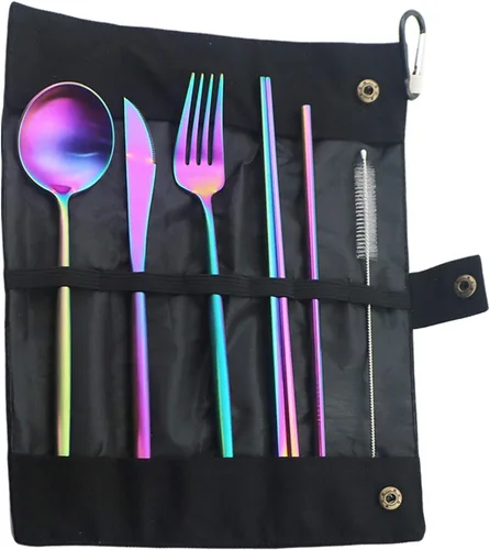 Miniatura 8 de Juego de cubiertos ecológicos con acabado mate, 7 piezas, cuchillos, tenedor, cuchara, acero inoxidable 18/10, negro, utensilios de viaje portátiles