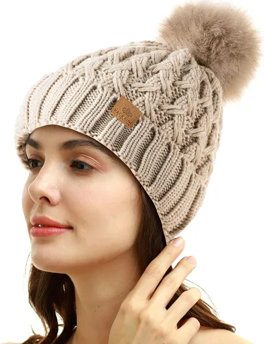 Miniatura 2 de PAGE ONE - Gorro de invierno para mujer, acanalado, de punto trenzado grueso, cálido y suave, con pompón