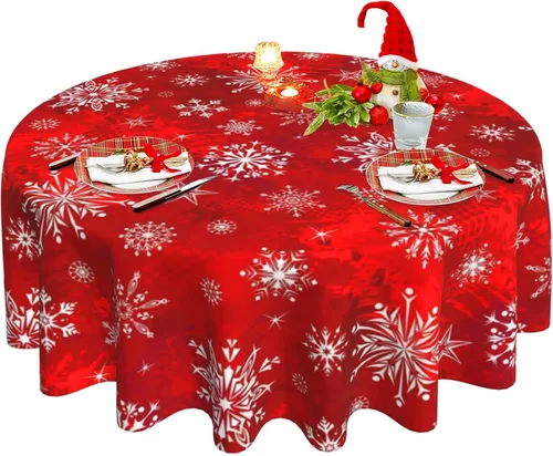 Mantel rojo de Navidad, mantel redondo de copo de nieve de invierno de 60 pulgadas, mantel de Navidad para decoración rústica de cocina de granja,
