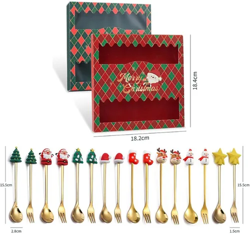 Miniatura 3 de MagiDeal Juego de 6 cucharas de Navidad, tenedores de acero inoxidable, cucharas de postre de acero inoxidable, cucharas de postre de sopa, cucharas
